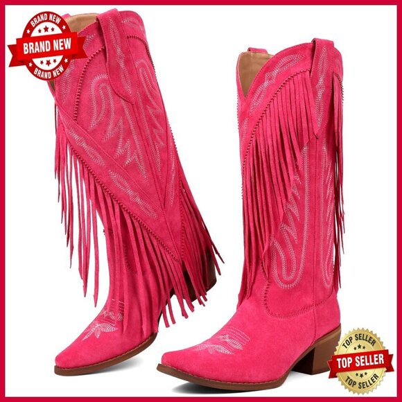 Shoes - Retro Cowgirl Boots Pointed Toe Pull On Chunky Heel Embroidered Tassel Western
